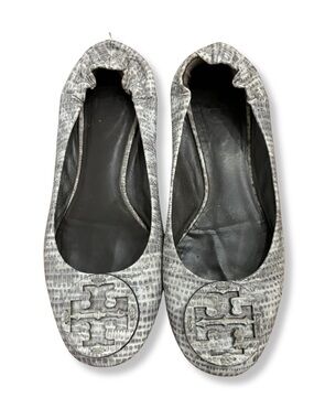 Tory Burch Reva Ballet Flats Gray Snakeskin Print Leather Flats